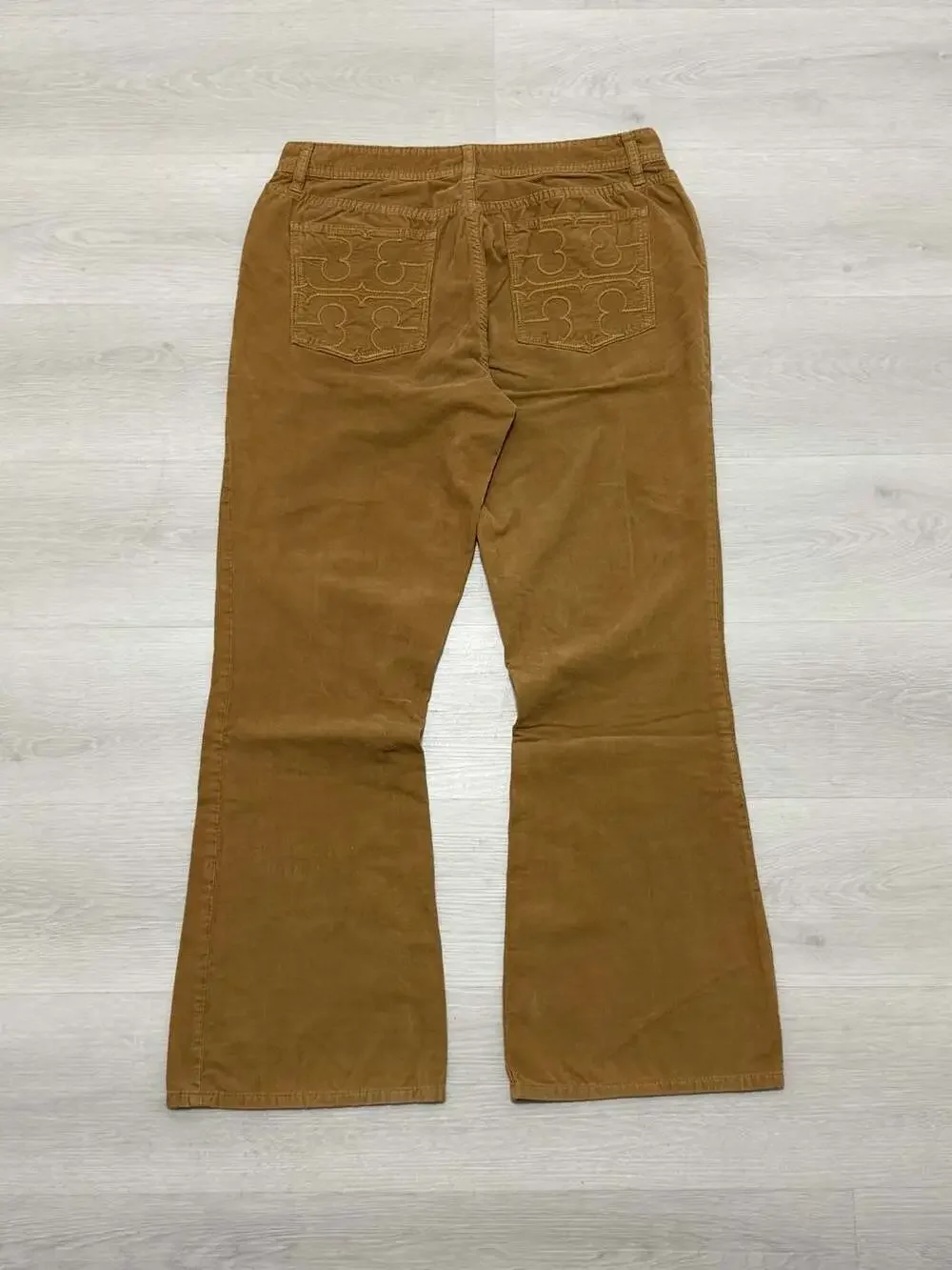 Tory Burch Women's Brown Corduroy Flare Pants Embroidered Logo Back Pockets 31
